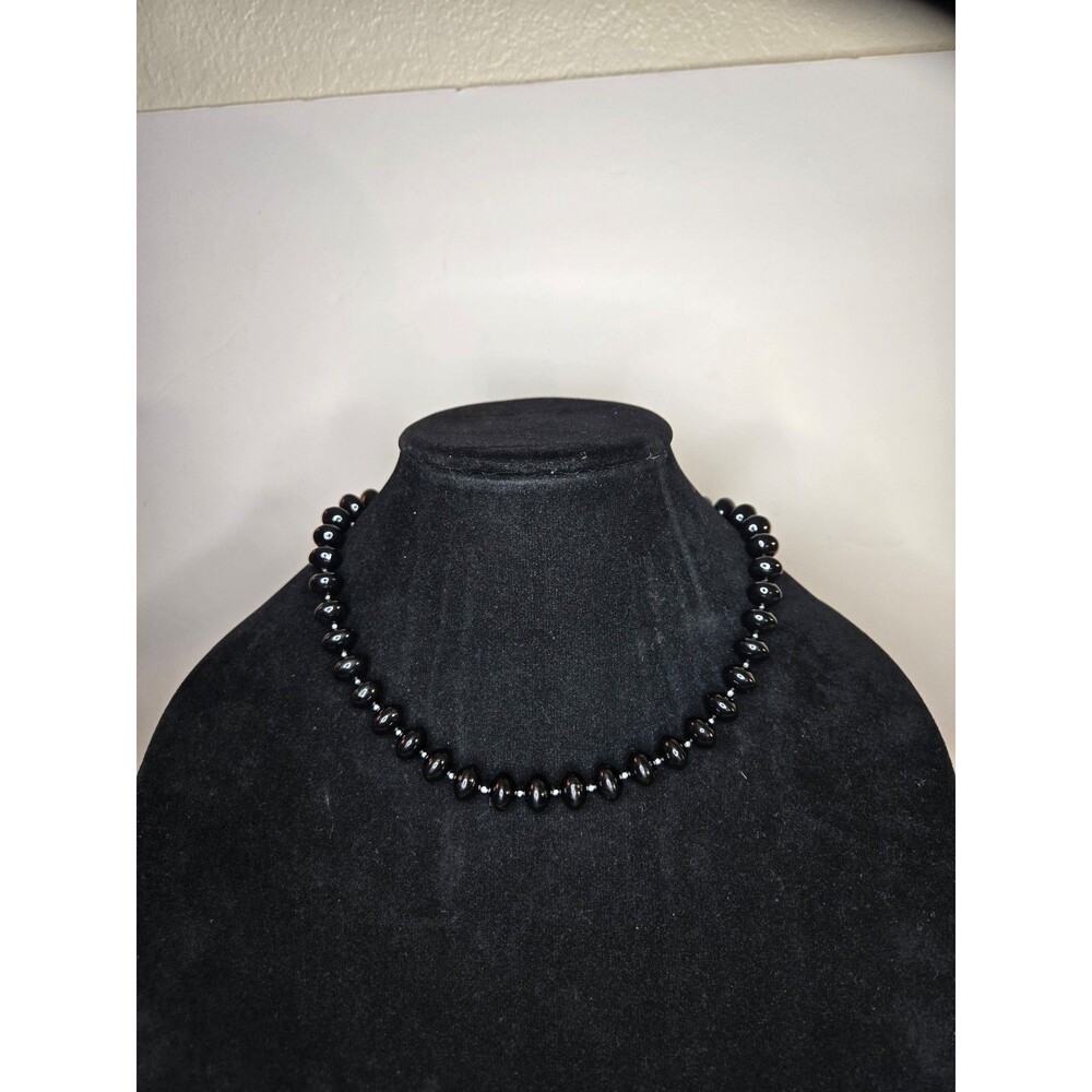 Black Beaded Necklace with Silver Tone Spacer Beads